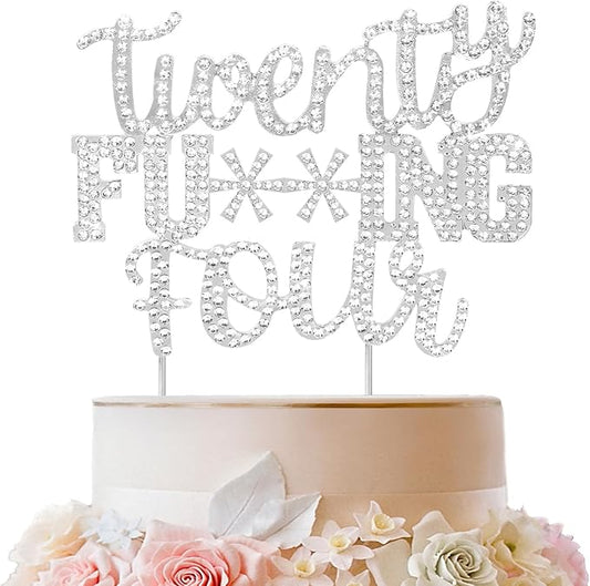 LINGTEER Happy 24th Birthday Silver Rhinestone Cake Topper - Cheers to 24 Years Old Birthday Party,Twenty-Four Funny Cake Centerpieces Topper Decorations Gift Sign.