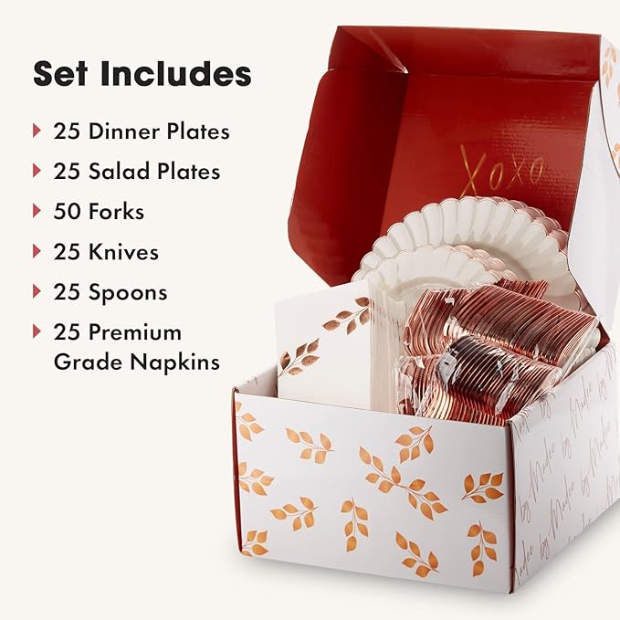By Madee HEAVYWEIGHT 175 Pc Fancy Disposable Dinnerware Set | Ivory Scalloped Rose Gold Plates and Napkins, Cutlery | Elegant Disposable Plates Set for Wedding, Bridal Shower, Baby Shower (25 Guests)