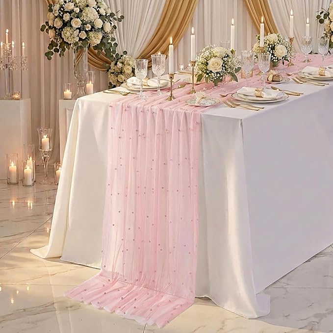LuoluoHouse Pearl Table Runner Wedding Decor: 10ft Pearl Table Cloth 29x120 Inch Tulle Chiffon Fabric for Decortions Birthday Party Dining Table Cover (Dusty Pink,3pcs)