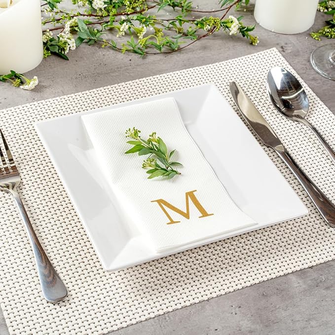 Luxenap 15.8 X 7.9 Inch Linen-Feel Guest Towels, 2000 Lettered Hand Towels - Gold Letter 'M', Sans Serif Font, White Paper Dinner Napkins, airlaid, For Restrooms And Tables
