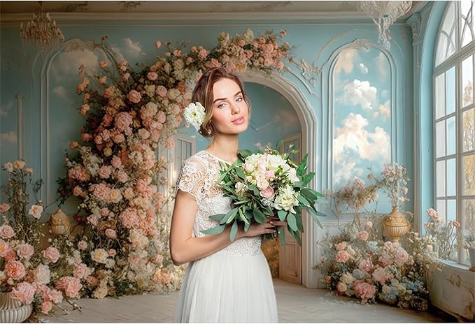 Baocicco 9x6ft Floral Wall Photography Background Romantic Style Arch Door Oil Painting Flowers Photo Background for Women Wedding Party Banner Supplies Girls Birthday Decorations Photoshoot Studio