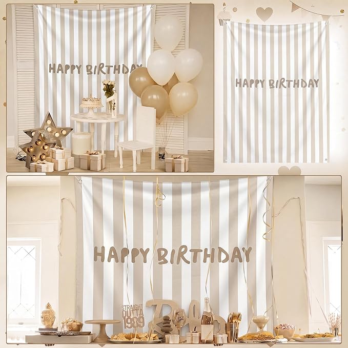 Flutesan 7x5ft Beige Stripe Happy Birthday Backdrop Large Banner Fabric Tapestry Birthday Party Decoration Baby Shower Linen Rustic Background Wall Photo Props Indoor Outdoor