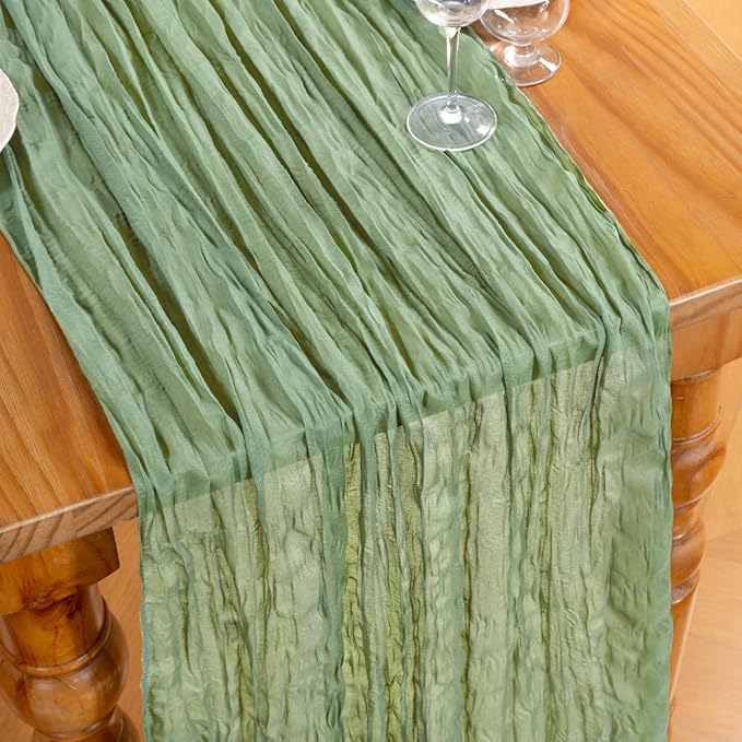 DeZerlor Sage Green Cheesecloth Table Runner Spring Easter Table Runner Boho Gauze 120 Inches Sage Cheese Cloth Table Decor for Wedding Bridal Baby Shower Parties