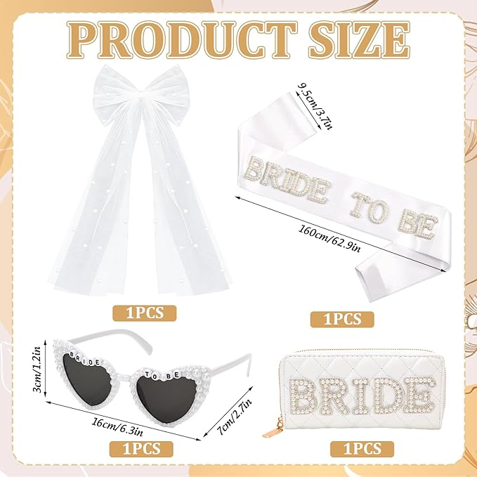 JarThenaAMCS Pearl Bride To Be Hair Bow Veil Heart Shaped Sunglasses Bridal Sash Bag Set for Wedding Bachelorette Party Favors Bridal Shower Accessories Gift
