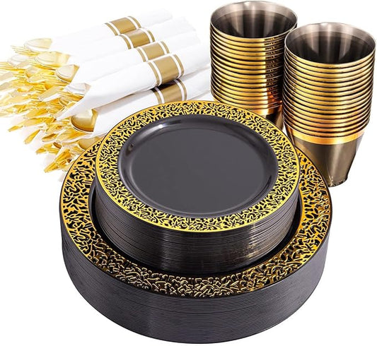 NOCCUR 210pcs Black and Gold Dinnerware Set - Black Disposable Plates and Napkins Party Supplies Include 60 Dinner/Dessert Plates, 30 Prerolled Plastic Cutlery&30 Cups for Party/Birthday/New Year