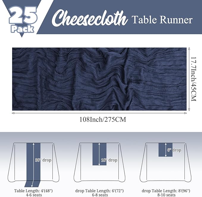 25 Pack Navy Blue Table Runners 17 x 108inch Cheesecloth Table Runner Boho Gauze Table Runner Rustic Sheer Fabric Cheese Cloth Table Runners for Wedding Party Bridal Shower Farmhouse Home Decor