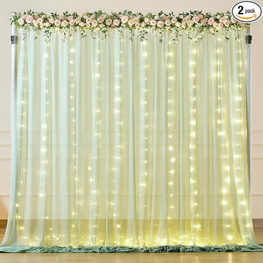 10x10ft Sage Green Backdrop Curtain with Lights String for Wedding, Wrinkle Free Tulle Backdrop Curtain for Baby Shower, Sheer Curtain with Lights for Birthday Party (5 x 10ft,2 Panels)