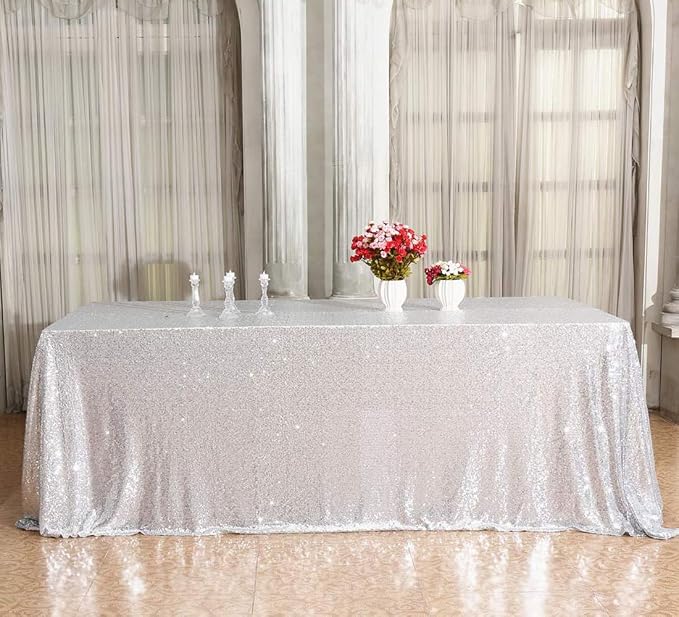 Juya Delight 50" x 80" Silver Rectangle Sequin Tablecloth for Party Dinner Banquet Festival Wedding Anniversary Exhibition Dessert Table