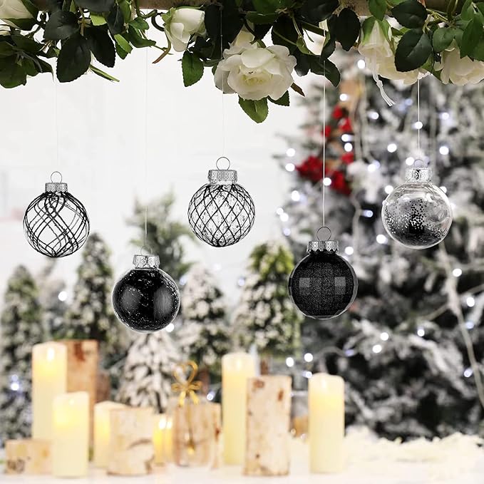 CristBest 30ct Christmas Ball Ornaments-60mm/2.36" Shatterproof Clear Plastic Xmas Balls Baubles Set with Stuffed Delicate Sparkling, Hanging Christmas Tree Decorations(Black)