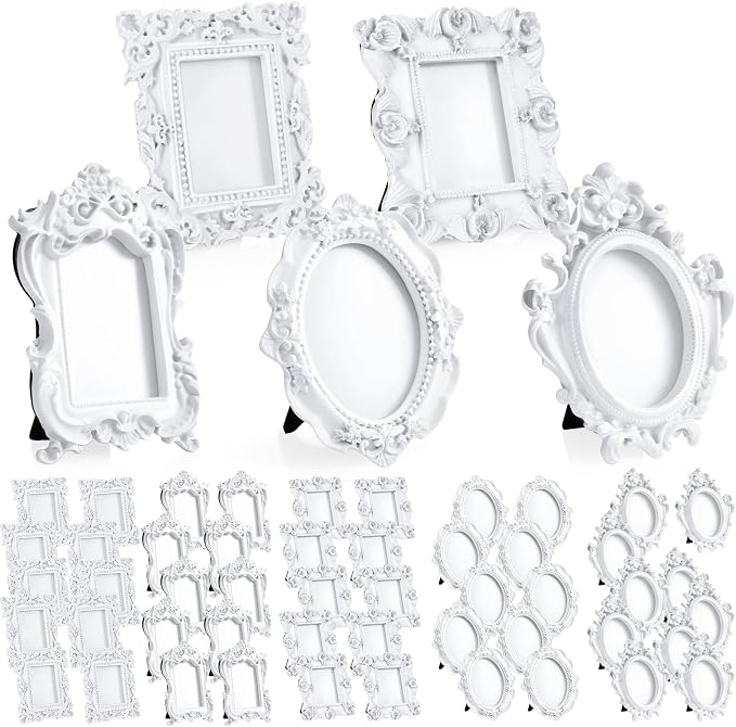 Maitys 50 Pcs Mini Picture Vintage Frames with Stands Tiny Antique Photo Baroque Ornate Resin Oval Frame Table Top Display Home Wedding Decor (White)