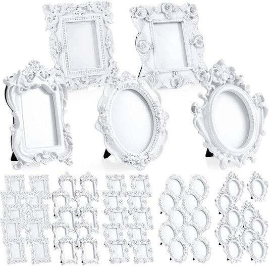 Maitys 50 Pcs Mini Picture Vintage Frames with Stands Tiny Antique Photo Baroque Ornate Resin Oval Frame Table Top Display Home Wedding Decor (White)