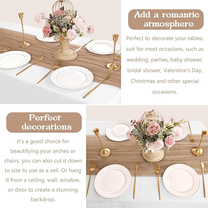 12 Pack 10FT Pearl Table Runner 30x120 Inch Nude Brown Tulle Fabric Boho Rustic Sheer Table Runners Lace Table Cloth for Wedding Bridal Shower Birthday Party Arch Veil Dessert Table Decor (Nude Brown)