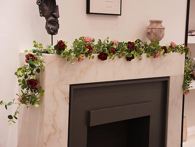 Anna's Whimsy 2PCS 5.91FT Artificial Eucalyptus Garland with Flowers, Fake Rose Gypsophila Garlands, Faux Floral Greenery Garland for Wedding Spring Home Party Table Runner Decor（Dusty Pink）