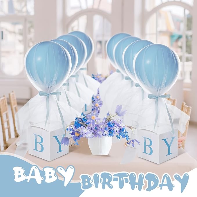 Wettarn 24" Tulle Tutu Balloon with Letter Box for Baby Shower Wedding Table Centerpieces Party Decor Balloon White Tulle Cover for Girl Boy(6 Set, Blue Boy)