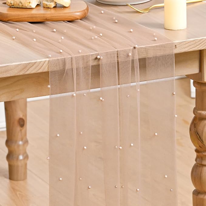 Artoid Mode Pearl Tan Gauze Table Runner 120 Inch 10FT, Seasonal Sheer Dining Holiday Wedding Birthday Baby Shower Table Decor for Home Party