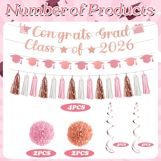 Rakuto Pink Graduation Decorations 2026, 32PCS Congrats Grad Class of 2026 Glitter Banners with Hanging Swirls Party Decorations, Congratulations Grad Paper Pom Poms and Tassel Garland Decor