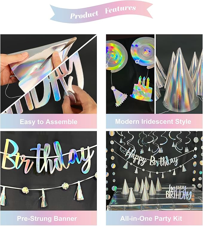 HonuGoGo 28-Piece Iridescent Birthday Party Decoration Kit – Happy Birthday Banner, Hanging Swirls, Garlands, Table Centerpiece, Tablecloth & Cone Hats for a Shimmering, Photo-Ready Celebration