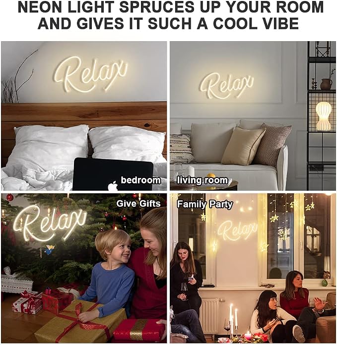 Relax Neon Sign Unique Art Ornaments with Dimmable Switch, 5V USB Powered Cool Neon Relax Signs for Wall Decor, Bedroom, Living Room, Bathroom Decoration Valentine's Day SPA Decor (Warm White)