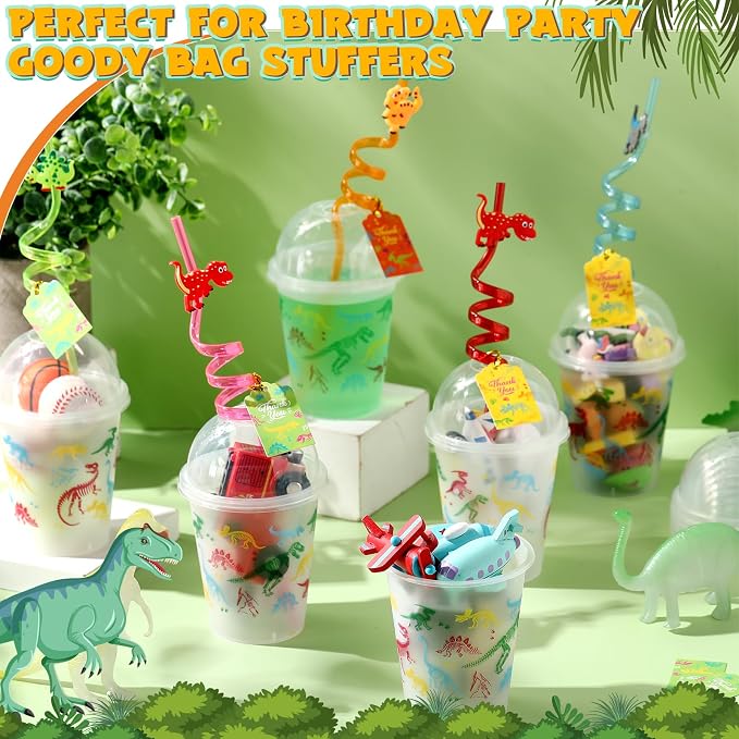 Qinyoung 48 Set Dinosaurs Party Supplies Dinosaur Cups Party Favors Goody Cups with Gift Tags 12 oz Plastic Dino Cup with Lids and Straws Set for Party Decorations
