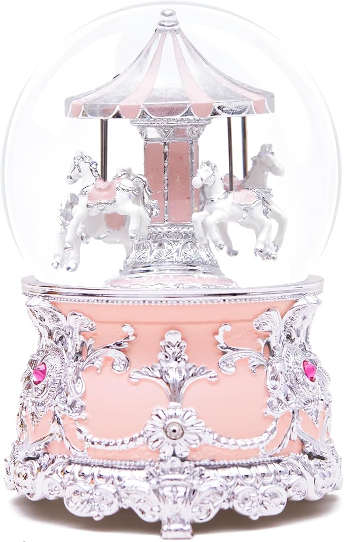 Luxury Silver Carousel Music Box,Carousel Figurine Snow Globe,Elegant Wedding, Romantic Home Décor,Collectible,Anniversary,Birthday, Idea,Plays Castle in the Sky Tune
