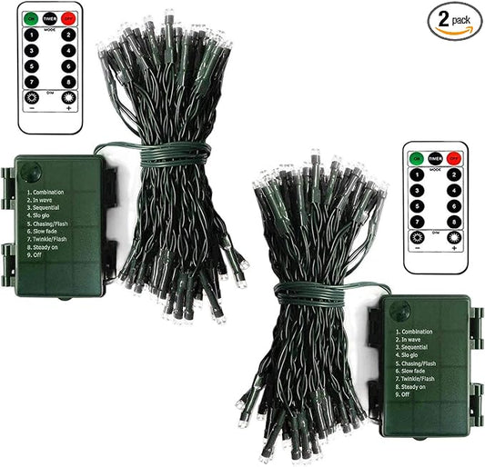 echosari 2 Pack Battery Operated Christmas Lights 16ft Green Wire 50 LED Fairy String Light with Remote, Timer, 8 Modes, Dimmable for Indoor Outdoor Xmas Tree Wedding Party Decor (Cool White)