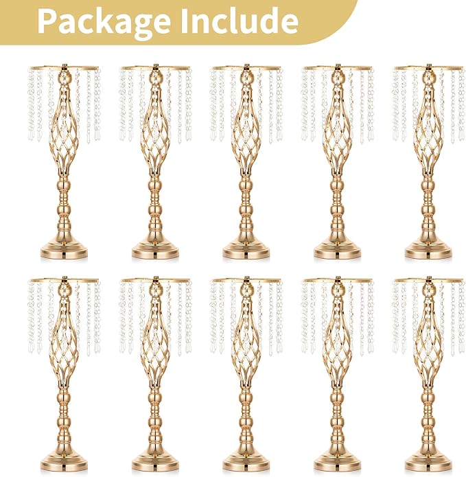 Nuptio 10 Pcs Crystal Flower Stand Wedding Centerpieces for Tables, 21.7in/55cm Tall Elegant Metal Flower Arrangement Stand, Tabletop Metal Flower Vase for Wedding Party Dinner Event Hotel Home Decor