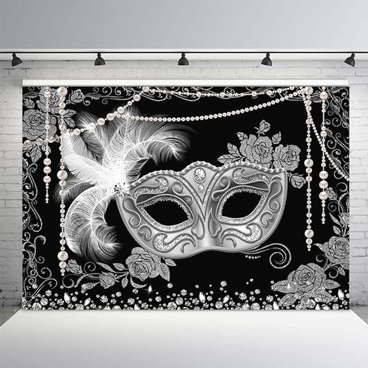 MEHOFOND Masquerade Ball Backdrop Black Sliver Masquerade Party Photography Background Mardi Gras Carnival Costume Party Decorations Sweet 16 Dress-Up Banner Supplies Photo Studio Props 7x5ft