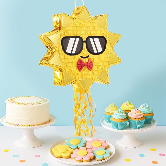 WERNNSAI Sun Piñata - Sunshine Party Decorations Pull String Sun Piñata with Blindfold and Bat for Girls Kids Sunshine Birthday Baby Shower Summer Party Game Supplies