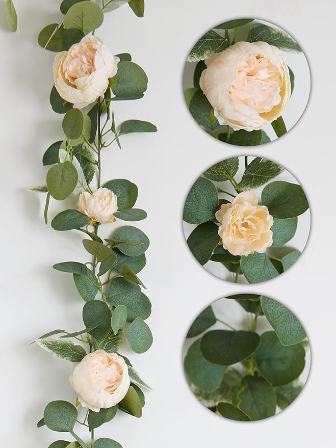 MISSPIN 2pcs Artificial Flowers Garland Spring Eucalyptus Garland Vintage Fake Flower Peony Rose Vine Greenery Decorative Wall Hanging Plant for Wedding Arch Door Arrangement Party Decor