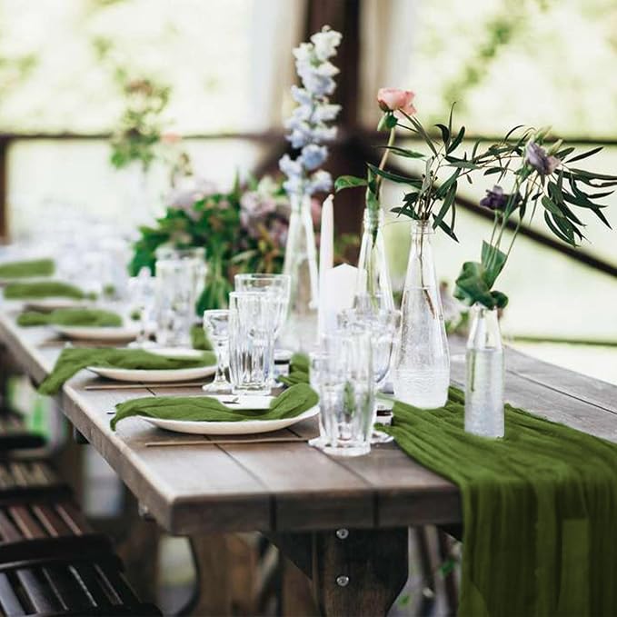 10 Pack Cheesecloth Table Runner 17 x 108 inch Long Boho Gauze Table Runners Semi Sheer Table Runner for Wedding Decor, Baby Shower, Birthday Party, Banquet (Olive Green)