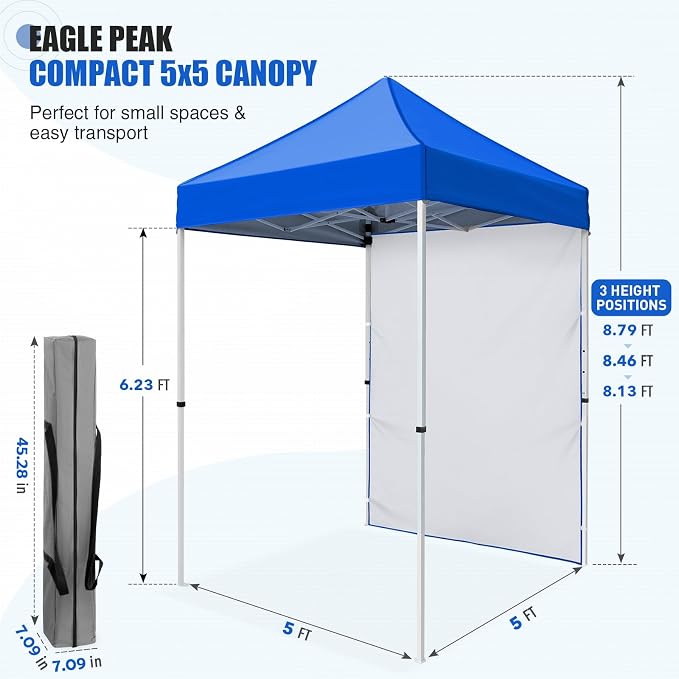EAGLE PEAK Pop up Canopy 5x5, Outdoor Portable Canopy Tent with One Removable Sunwall, Carry Bag Included, Blue