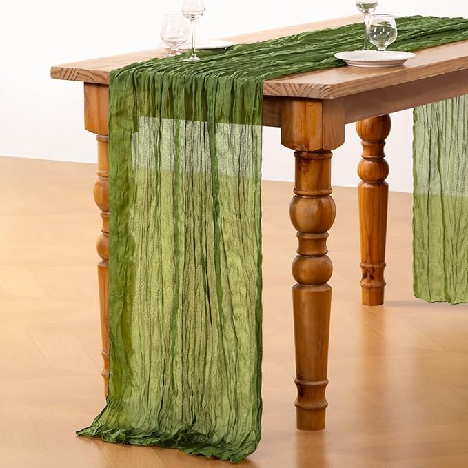 DeZerlor Olive Green Cheesecloth Table Runner 4 Pack Spring Easter Table Runners Boho Gauze 120 Inches Green Cheese Cloth Table Decora for Wedding Bridal Baby Shower Parties