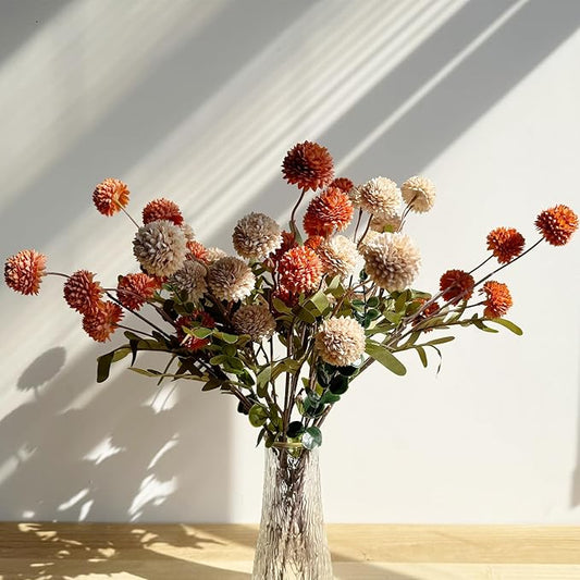 10pcs Faux Beige & Orange Kiku Flowers, 5 Heads Each Stem & 4 Branches Eucalyptus Stems, Artificial Small Mini Chrysanthemum Flowers for Aesthetic Room Decor, Floral Arrangements Centerpiece