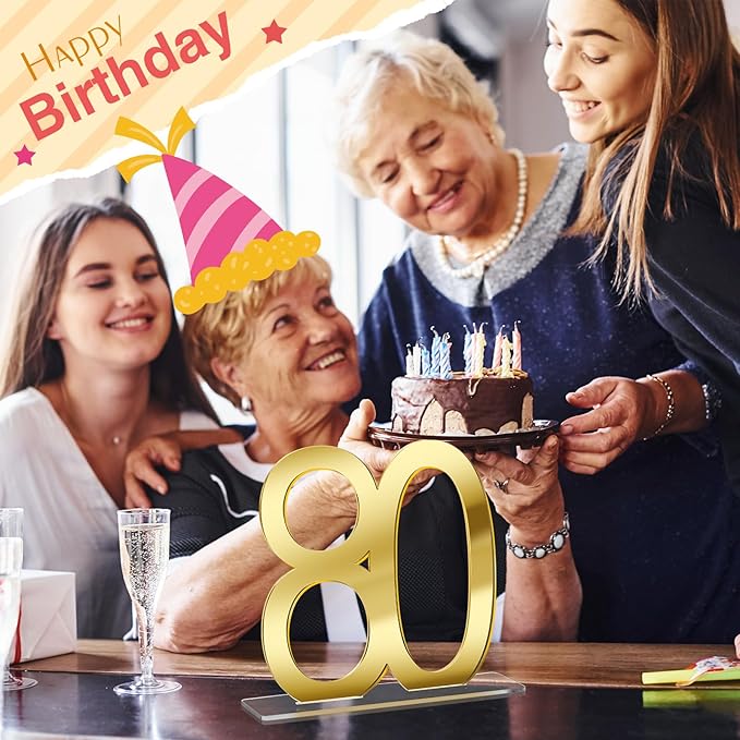 Threehoney 6 Pcs Mirror Gold 80th Birthday Decorations for Men and Women Acrylic Anniversary Decorations Table Numbers Centerpieces for Birthday Party