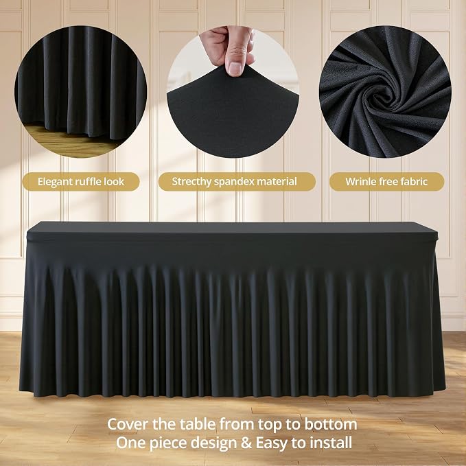 6 Pack 8ft Black Spandex Tablecloths for Rectangle Tables Wrinkle Free Black Rectangle Table Cloths, Stretch Fitted Table Cover with Skirt for Wedding Birthday Party Banquet Baby Shower Buffet Event