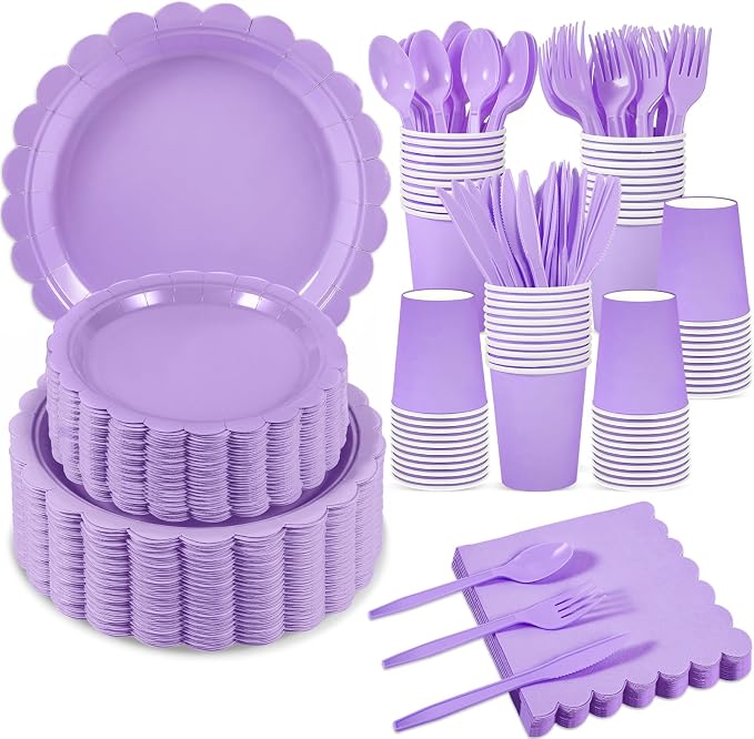 350 Pcs Lavender Paper Plates and Napkins, Light Purple Party Decorations Include Light Purple Scalloped Plate Napkins Cups Plastic Spoon Fork Knive for Girls Birthday, Baby Shower, Wedding