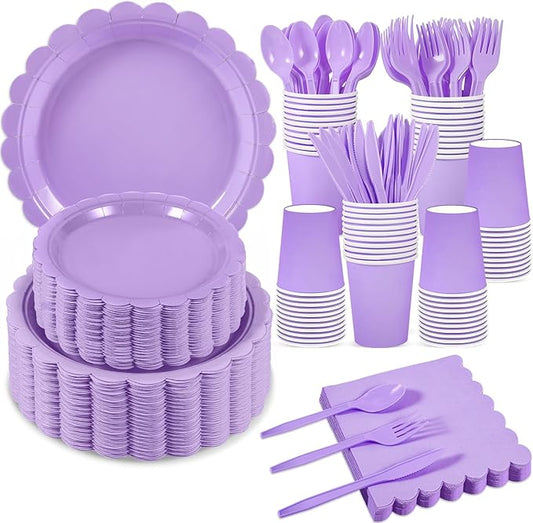 350 Pcs Lavender Paper Plates and Napkins, Light Purple Mothers Day Party Decorations Include Light Purple Scalloped Plate Napkins Cups Plastic Spoon Fork Knive for Baby Shower, Wedding, Birthday