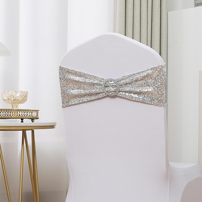 Pack of 50 Spandex Sequins Chair Sashes Silver Chair Bands with Buckles, Chairs Bows Ties for Party Wedding Fiesta Decor - Sequin Silver Chair Sash