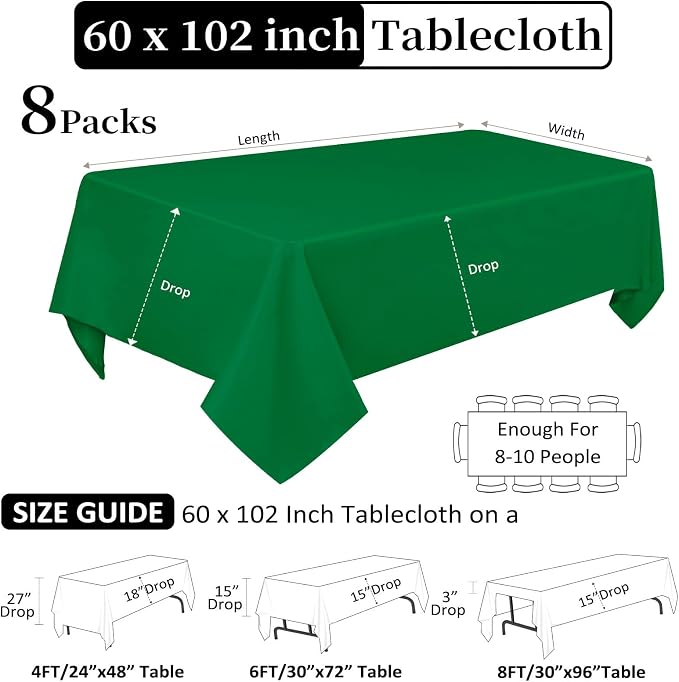 8 Pack Green Table Cloth 60 x 102 Inch Rectangular Tablecloths for 6 Foot Rectangle Tables, Wrinkle Resistant Washable Polyester Fabric for Buffet Wedding Party Banquet