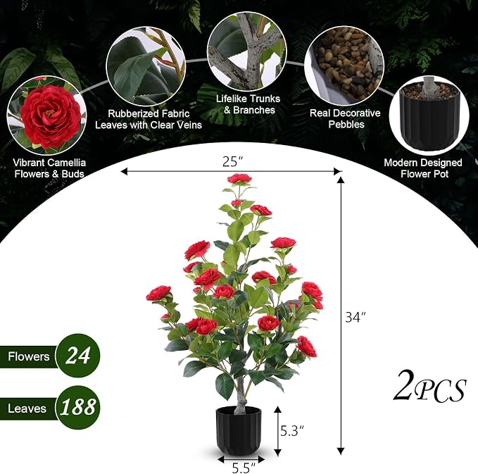 Hananona 2 Pcs Artificial Camellia Trees Faux Camellia Plant in Pot with Flowers Indoor Plants for Spring Home Decor Outdoor Porch Front Door Decor (Red, M)