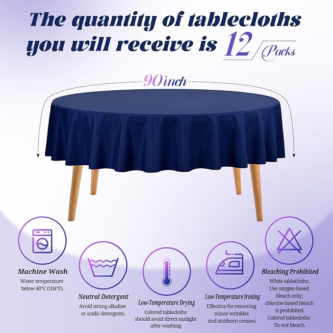 Teruntrue 12 Packs Navy Blue Round Tablecloths 90 inch Round Table Cloth, Washable Polyester Fabric for Wedding Parties Banquet Holiday Dinner Table Decorative, Navy Blue