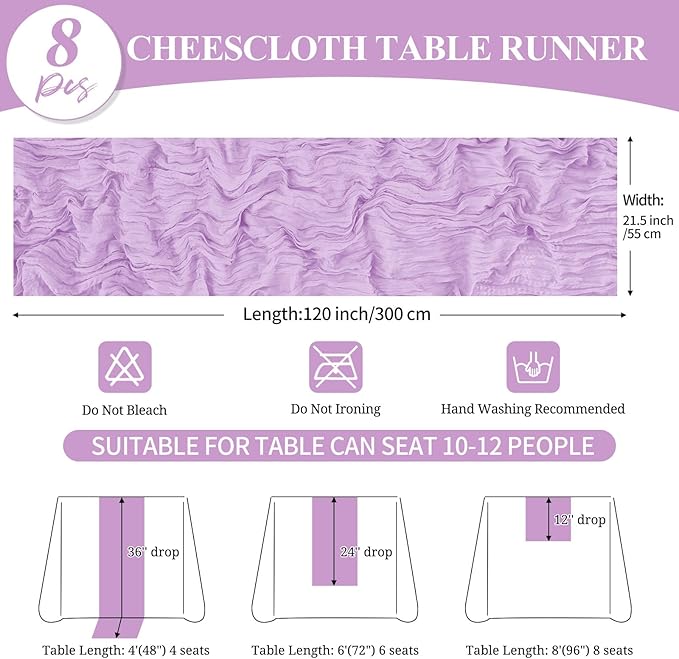 8 Pack 10Ft Cheesecloth Table Runner Lavender, 20 x 120 Inch Rustic Gauze Boho Cheese Cloth Table Runners Wedding Long Table Runner for Wedding Party Bridal Shower Table Decoration