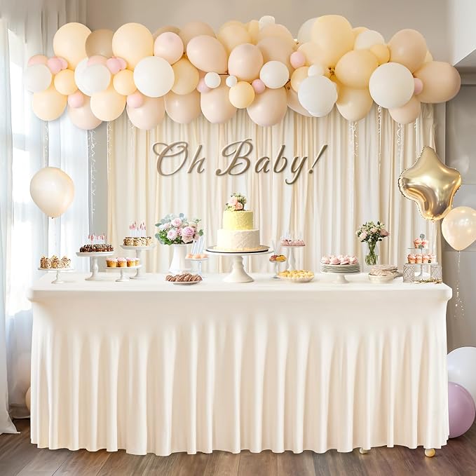 4 Packs Ivory Table Clothes for 8 Foot Rectangle Tables, One-Piece Wrinkle Resistant Stretch Spandex Table Covers with Skirt for Event Banquet Wedding Birthday Party