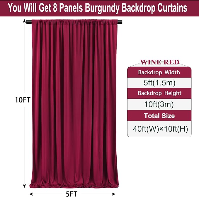40ft×10ft Wrinkle Free Burgundy Backdrop Curtain for Parties, 8 Panels 5×10ft Soft Silky Polyester Wine Red Photo Backdrop Drapes for Wedding Birthday Christmas Photography Back Drop Cloth