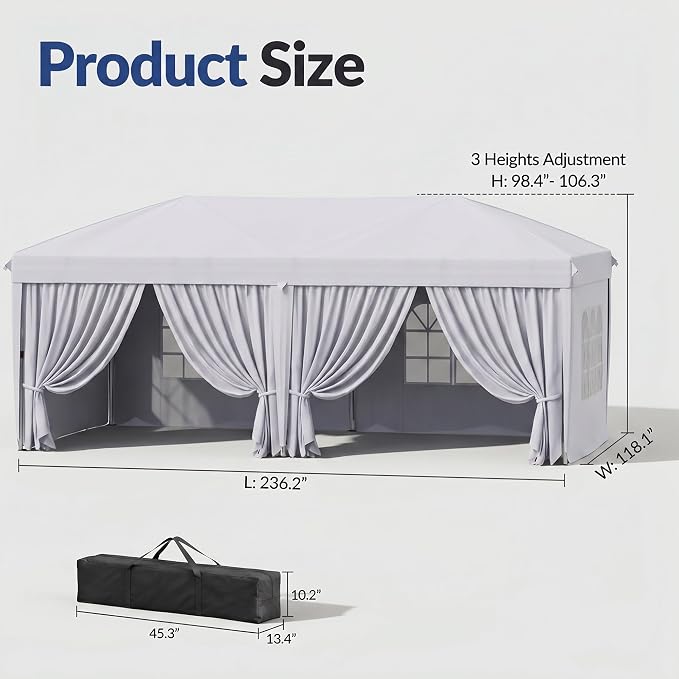 10x20 Pop Up Canopy with Sidewalls, Instant Tent with Carry Bag, Sandbags, Height Adjustable Waterproof Outdoor Canopy, Outdoor Canopy for Events, Camping, Parties (White)