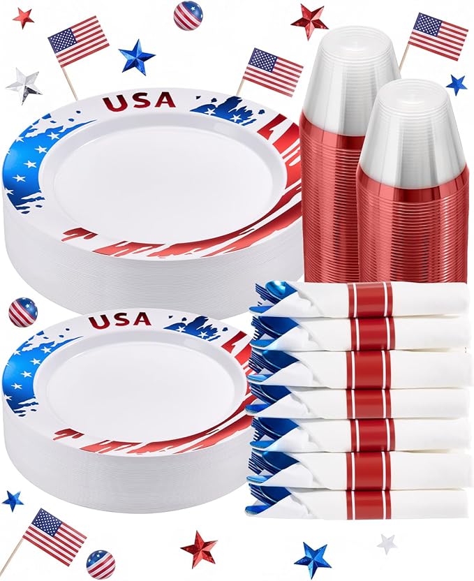 Goodluck 350 Piece 4th of July Red Blue Plastic Dinnerware Set for 50 Guests, Disposable Plates for Independence Day Supplies, Include: 100 Plates, 50 Pre Rolled Napkins with Silverware, 50 Cups