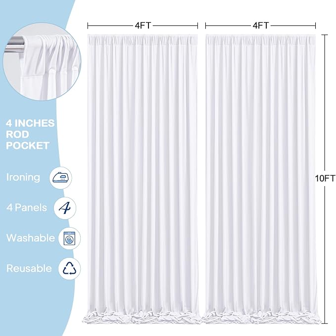 4 Panels White Backdrop Curtains - Wrinkle Free Fabric Backdrop Curtain for Photoshoot,10ft Wedding Party Photo Backdrop Drapes for Birthday Baby Shower Photography Stage Background Decorations