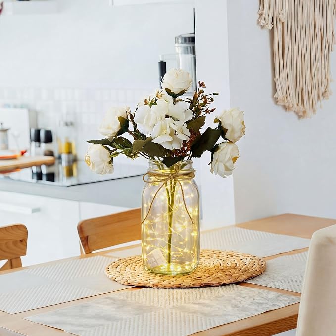 4 Sets Mason Jar with Lights White Faux Peony Decorative White Centerpieces for Tables Mason Jars Flowers Decorations LED Farmhouse Vase for Home Wedding Event Party Decor