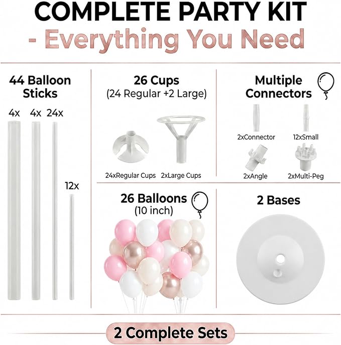 Balloon Column Kit Set of 2 – 26pc Champagne Pink Metallic Balloons with Height Adjustable 20"-63" Tower Stand, Stable Base for Birthday Wedding Easter Baby&Bridal Shower Party Decorations