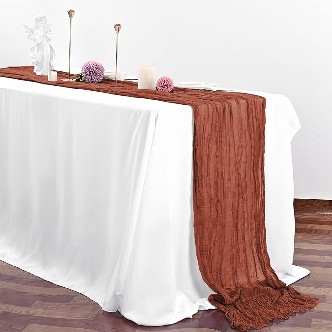 10 Pcs Terracotta Cheesecloth Table Runner 10FT, Gauze Table Runner for Wedding Reception Sheer Bridal Shower Birthday Party Boho Table Decoration, Rustic Romantic Wedding Runner